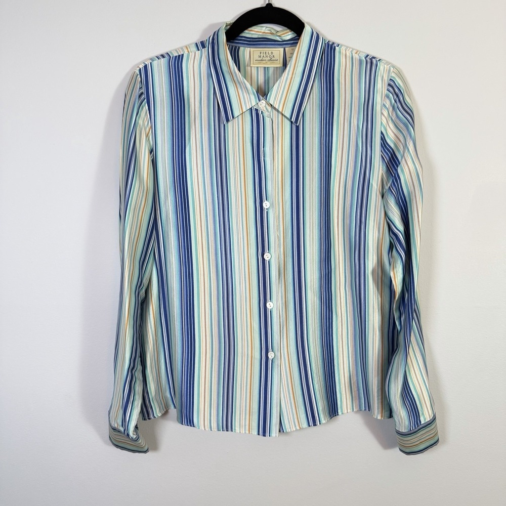 Vintage Field Manor 100% Silk Striped Button Front Blouse Blue Coastal Preppy L